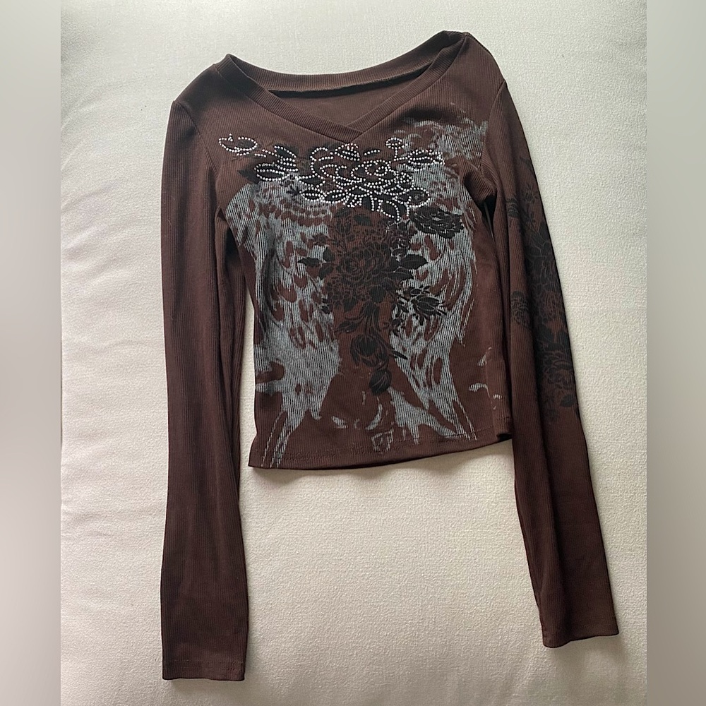 Cute Brown Longsleeve Rhinestone Crop-Top